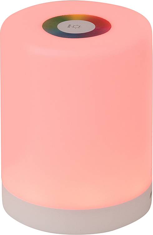 Lampe de table ronde, rose et lumineuse, avec un panneau de commande tactile circulaire sur le dessus, affichant des couleurs arc-en-ciel.