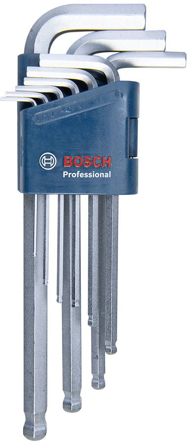 Un ensemble de plusieurs clés hexagonales de différentes tailles, rangées dans un support bleu portant le logo 'Bosch Professional'.