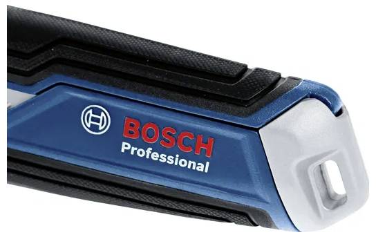 Gros plan sur une poignée d'outil 'BOSCH Professional', présentant un design de grip bleu et noir avec une boucle à l'extrémité pour la suspension.