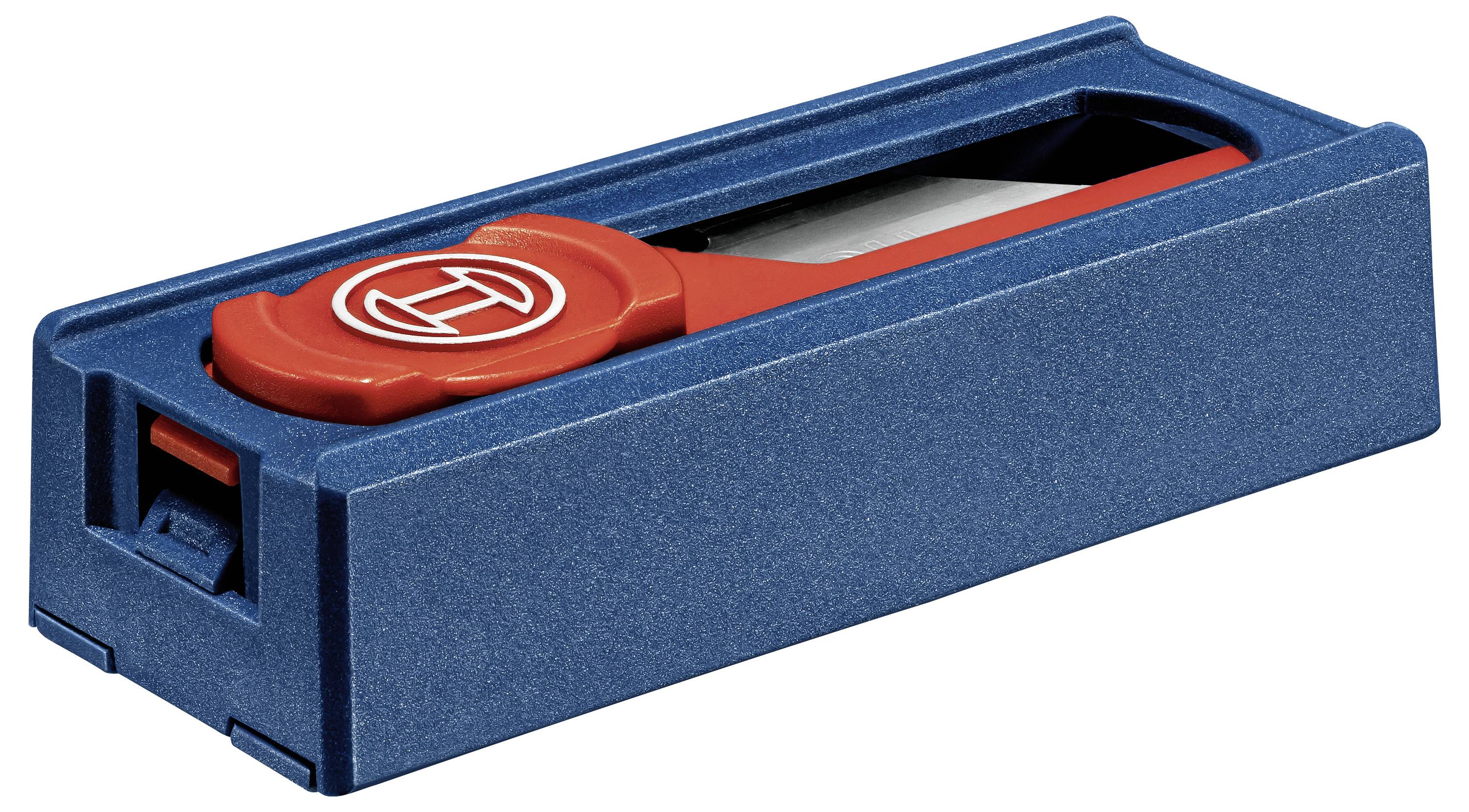 Une boîte à outils bleue contenant un appareil rouge à l'intérieur. Il pourrait s'agir d'un outil ou d'un accessoire pour des travaux techniques.