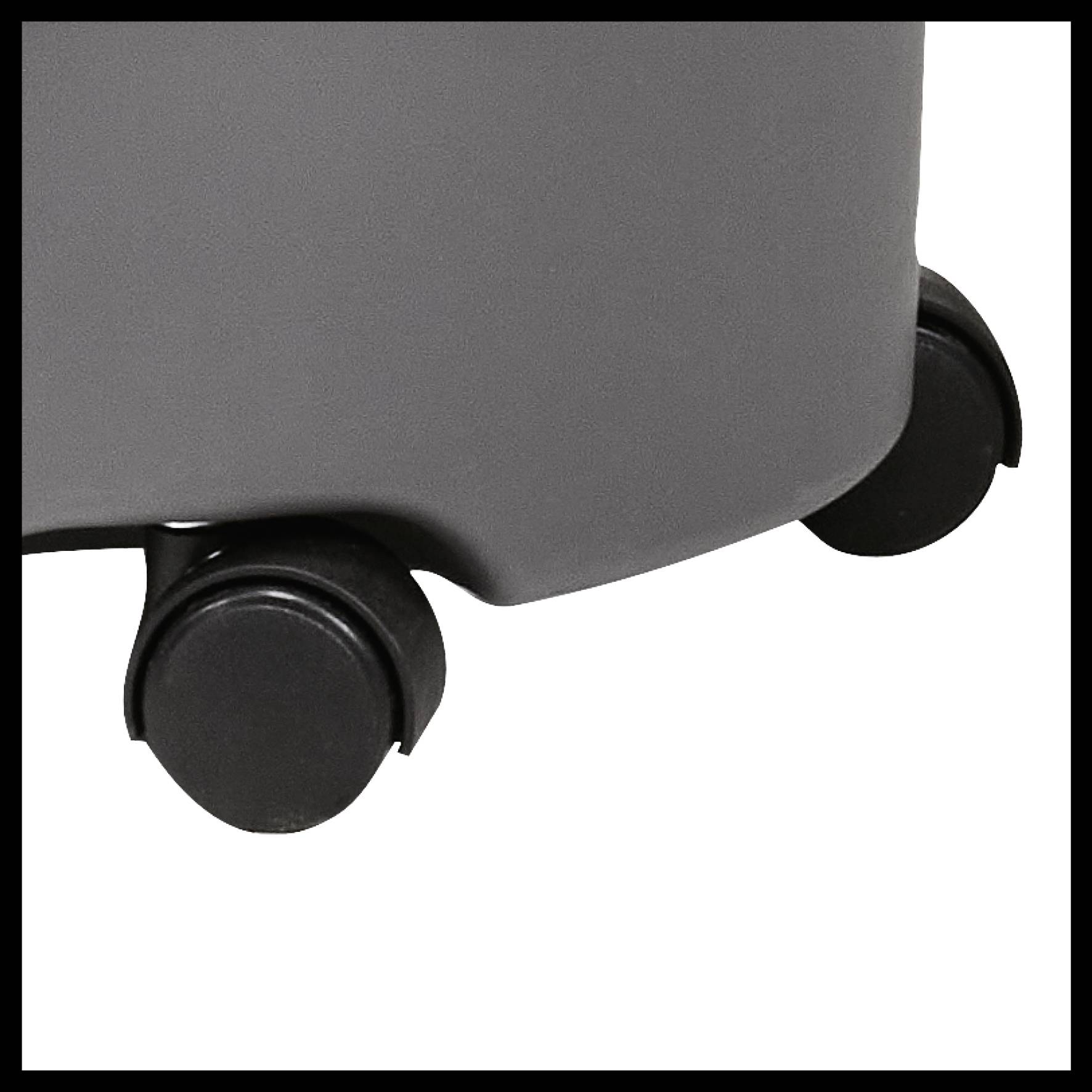 Valise grise avec des roues noires sur le dessous.