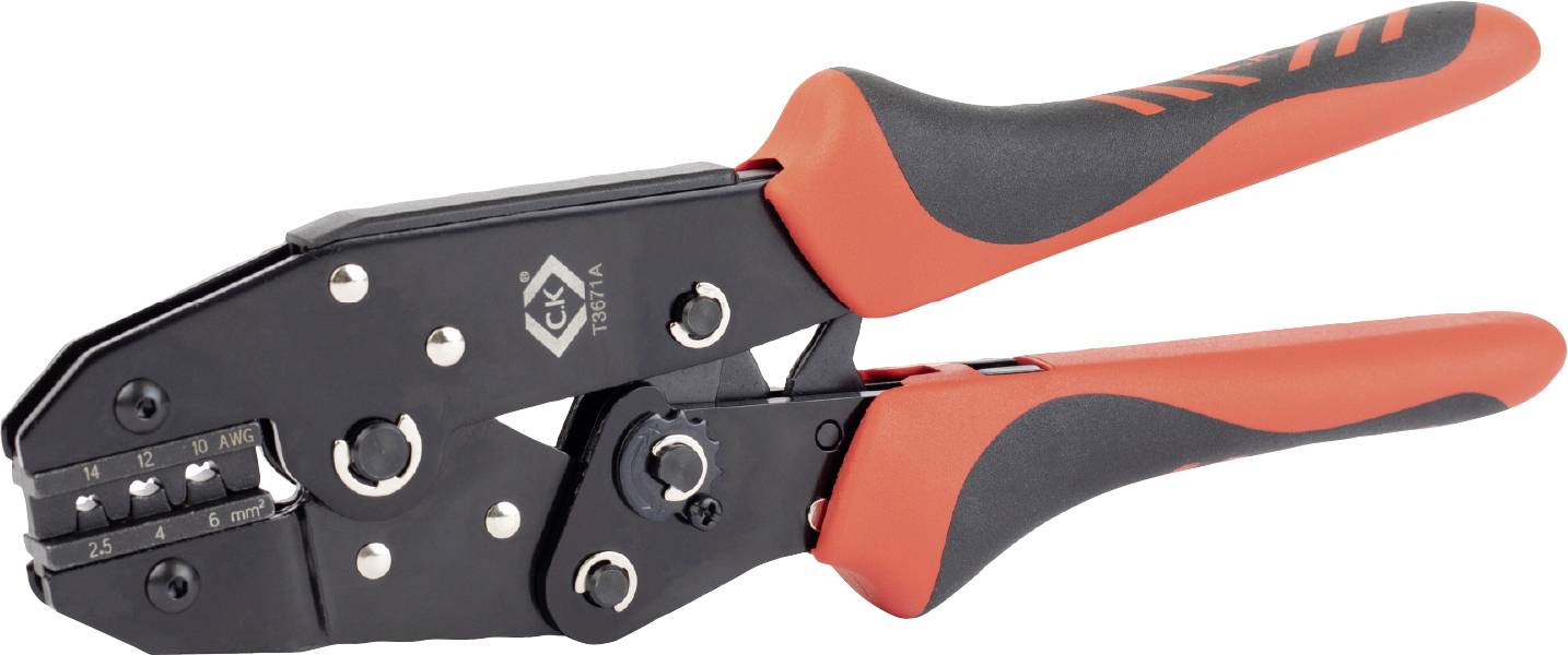 Pince avec poignées noires et accent rouge, adaptée au sertissage de câbles de différentes tailles.