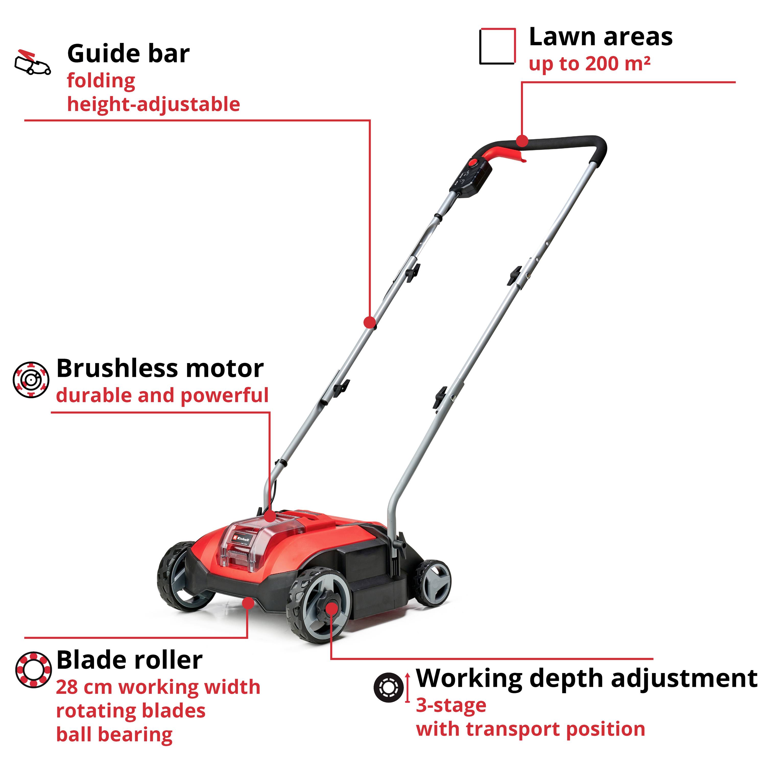 Un tondeuse à gazon rouge avec guidon pliable, moteur brushless, cylindre de coupe de 28 cm et réglage de la hauteur de coupe en 3 positions, adapté aux surfaces allant jusqu'à 200 m².