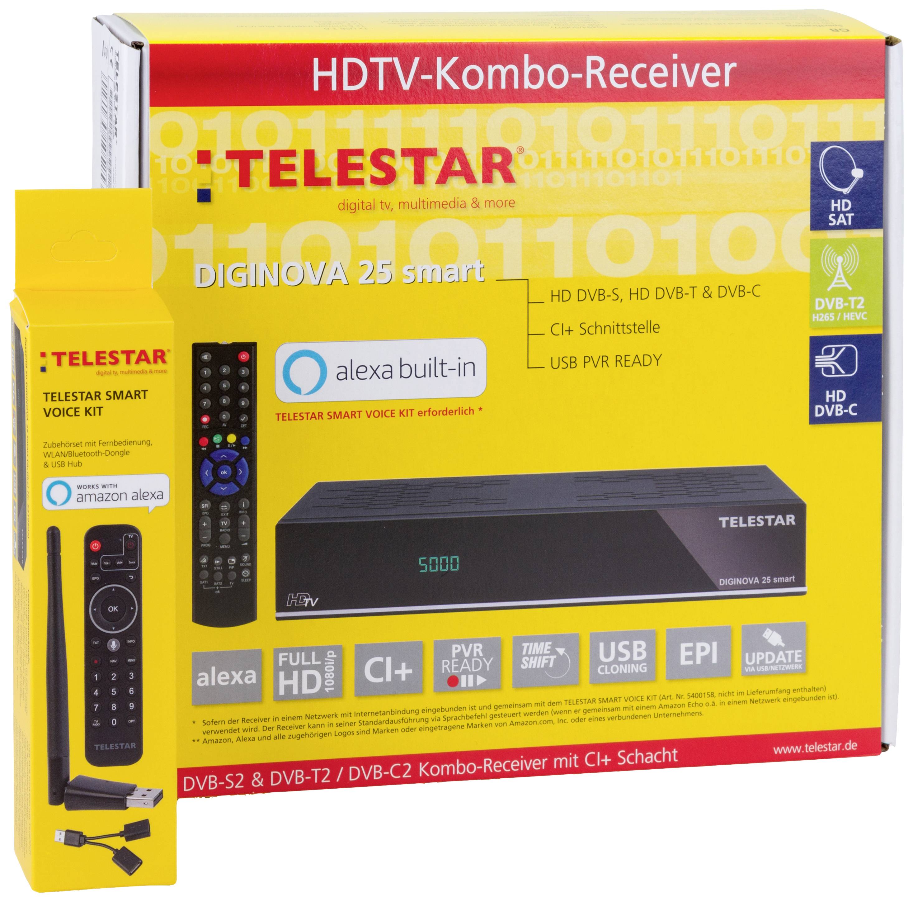 Telestar DIGINOVA 25 smart+SMART VOICE KIT Récepteur combi DVB-S & DVB-C fonction enregistrement, port Ethernet, fonctionnement à