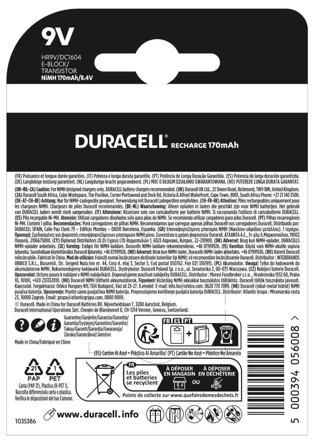 Emballage de batterie rechargeable 'Duracell' 9V, capacité 170 mAh. Texte en plusieurs langues. Icônes pour l'élimination écologique.