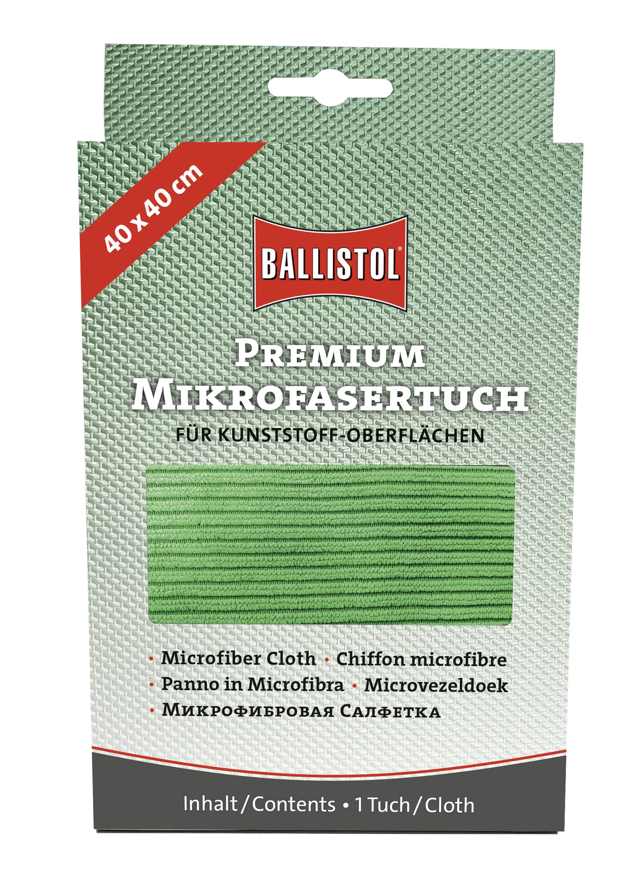 Verpackung eines Premium-Mikrofasertuchs von Ballistol, grün, 40x40 cm, für Kunststoffoberflächen. Text auf Englisch, Deutsch, Italienisch.