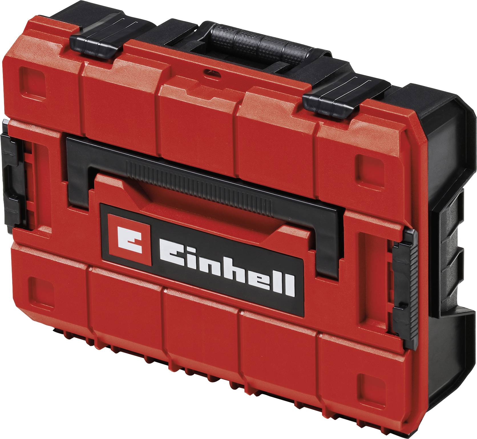Coffret à outils rouge avec poignée noire, logo de marque 'Einhell' visible. Robuste et compact, adapté au rangement des outils.