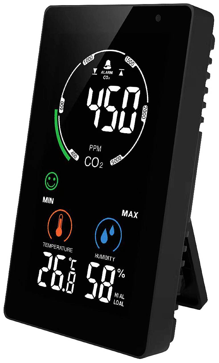 Affichage d'un moniteur de qualité de l'air avec une valeur de CO2 de 450 ppm, température de 26,8°C, humidité relative de 58%, seuils minimaux et maximaux.
