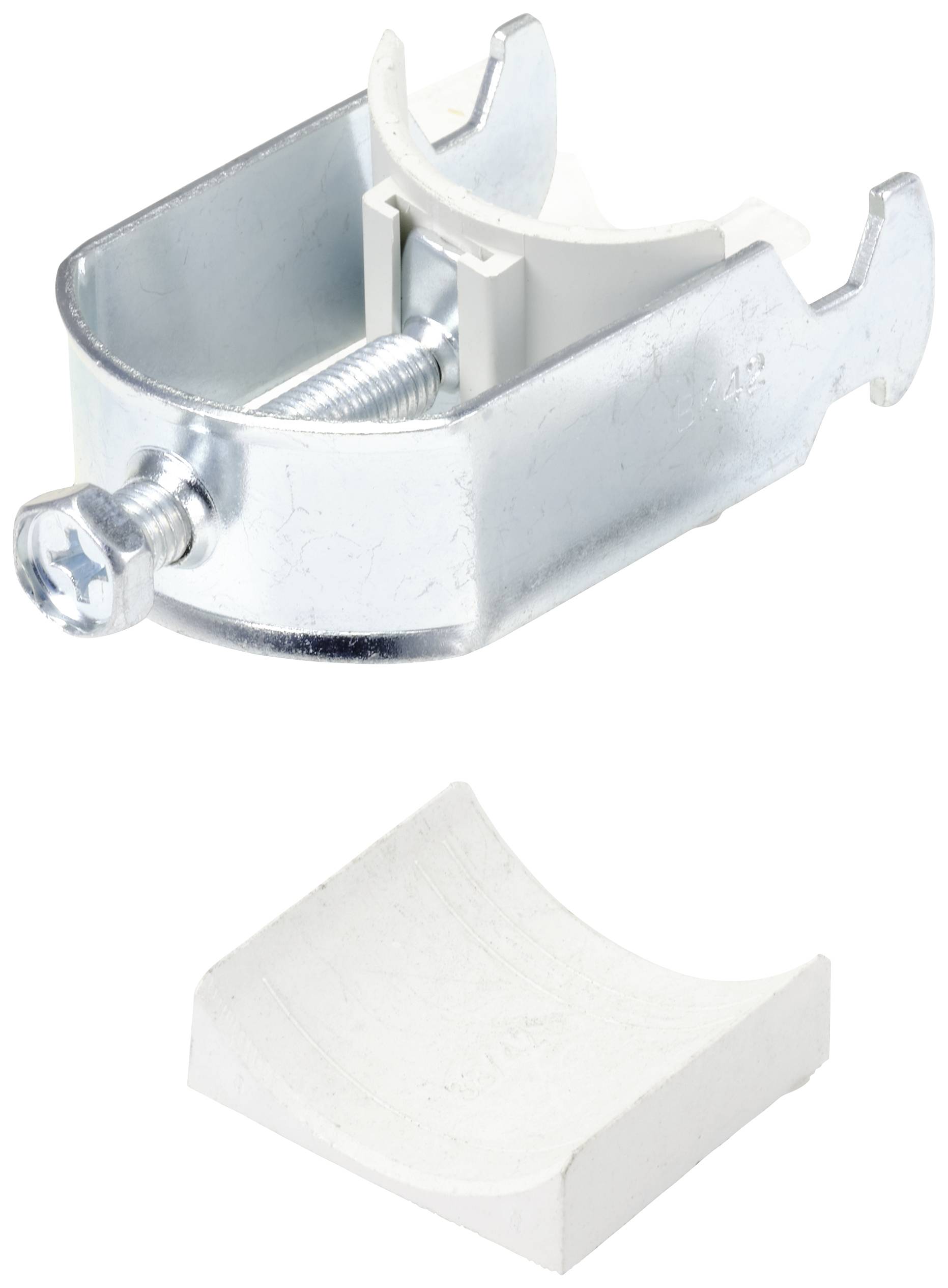 Collier de serrage métallique avec vis et garniture en plastique. Utilisé pour la fixation de tuyaux. Garniture en plastique montrée séparément.