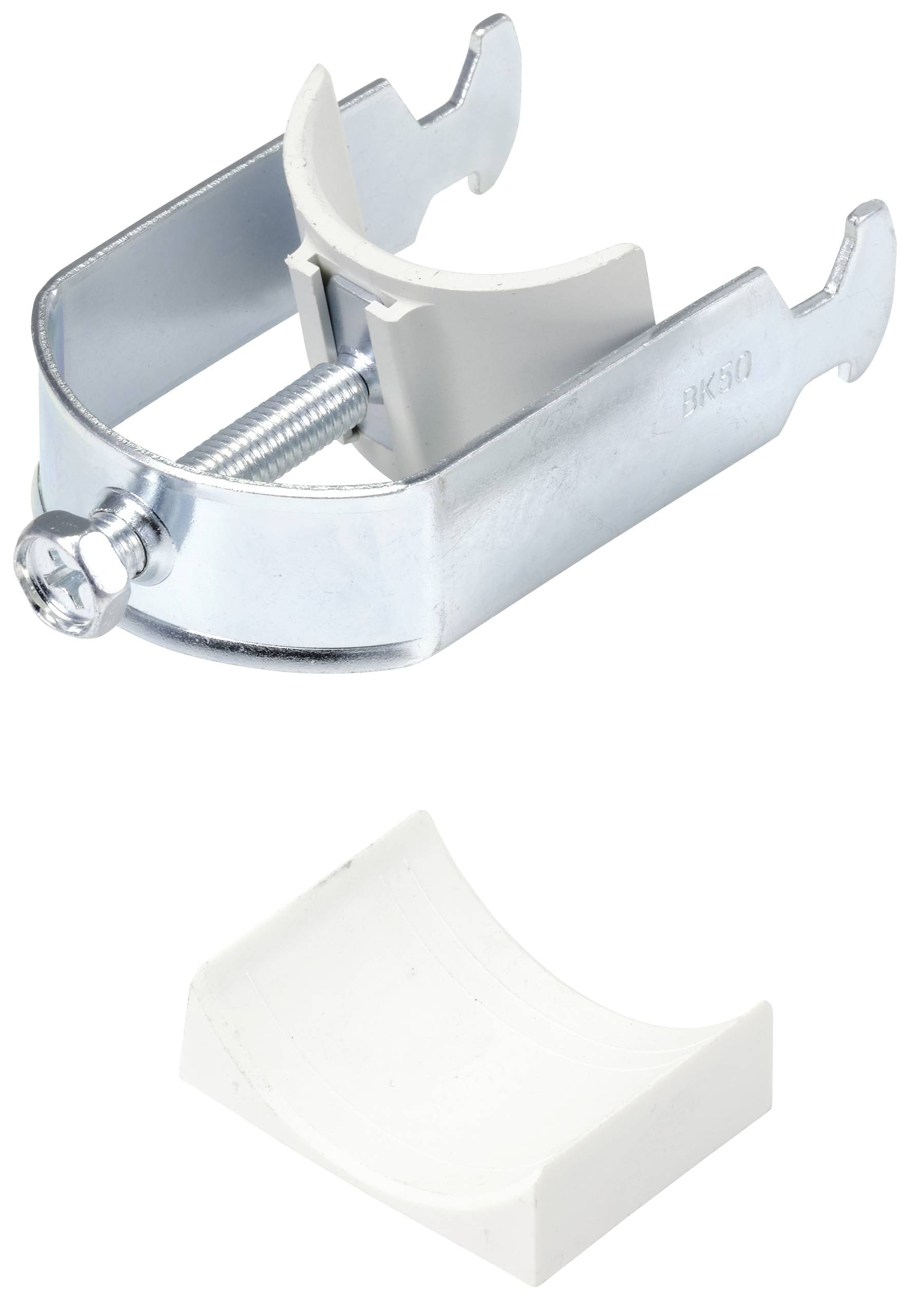 Pince métallique avec vis et élément en plastique, probablement destinée à la fixation de tuyaux. Deuxième élément en plastique en bas.