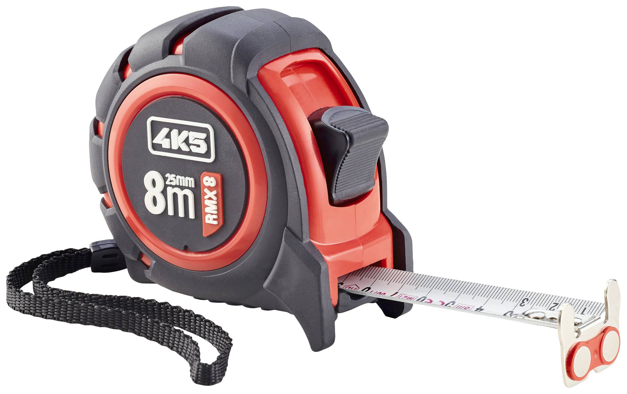 Ruban à mesurer noir et rouge de 8 mètres avec poignée ergonomique et lame métallique rétractable, logo de marque '4K5'.