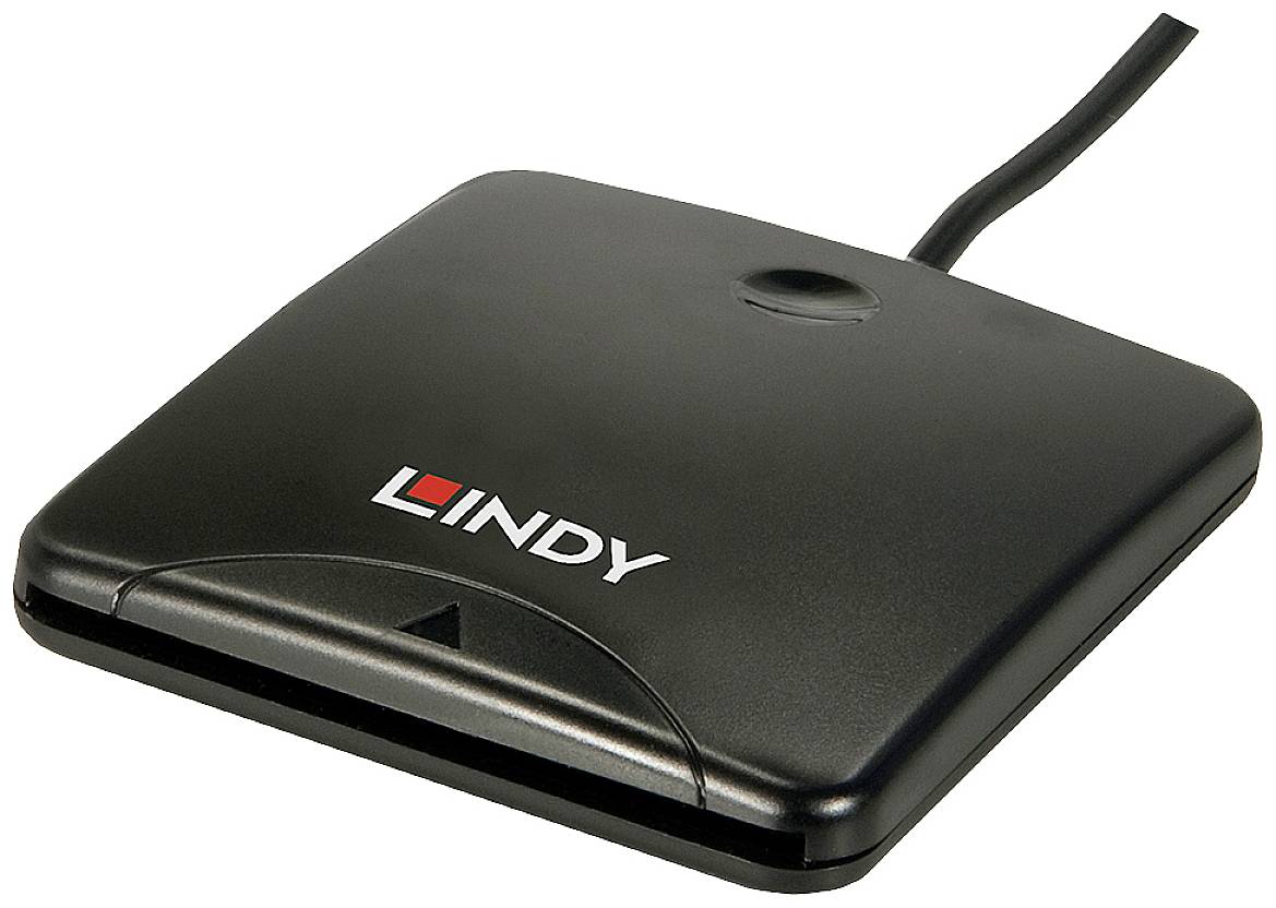 Lecteur de carte à puce externe, noir, connecté par câble. Logo 'LINDY' sur le dessus. Idéal pour une authentification sécurisée.