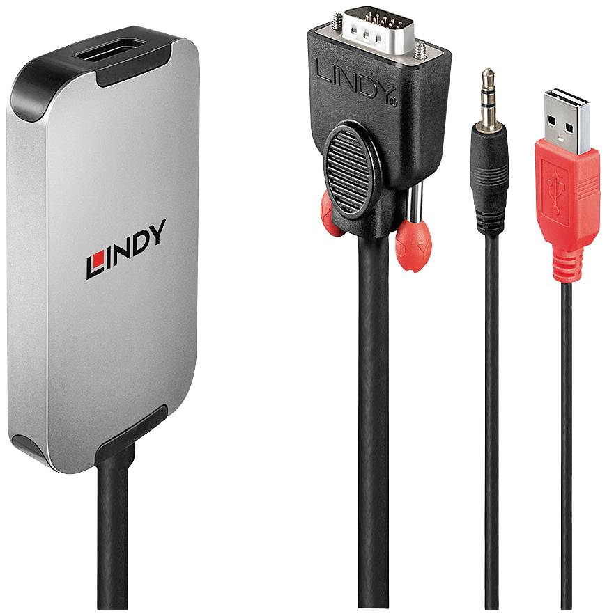 Adaptateur HDMI vers VGA de Lindy, boîtier argenté, comprenant des connecteurs HDMI, VGA, audio et USB, pour connecter des appareils modernes à des écrans plus anciens.