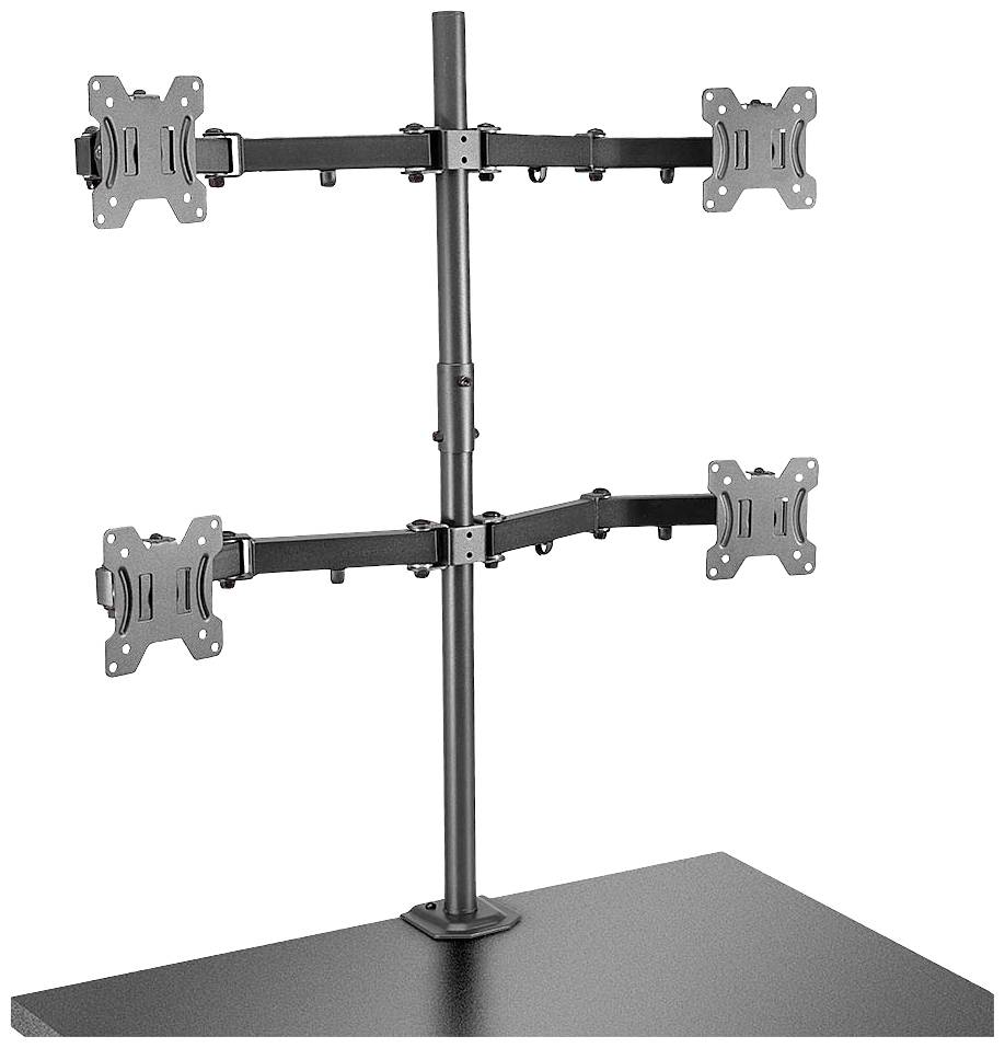 Un bras de moniteur noir avec deux supports flexibles, chacun capable de tenir deux écrans. Il est monté sur une base stable.