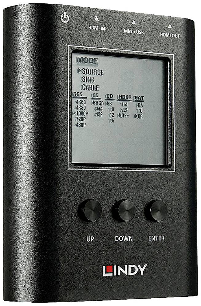 Appareil de test portable avec écran affichant les paramètres HDMI tels que 'Source', 'Sink', 'Câble' et les résolutions. Trois touches : 'Haut', 'Bas', 'Entrée'.