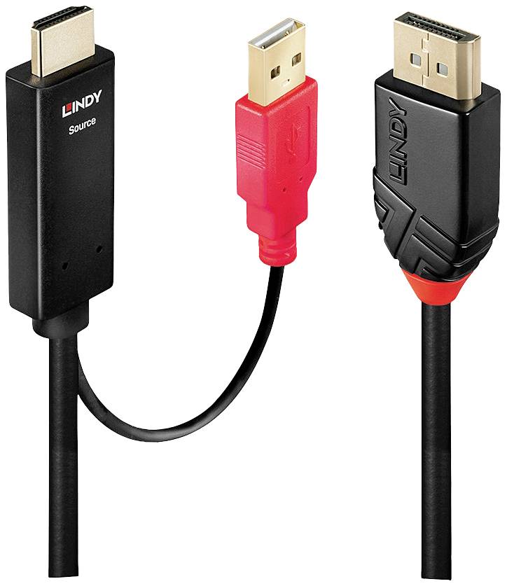 Câble de raccordement LINDY Fiche mâle DisplayPort, Fiche mâle HDMI-A, USB-A mâle 5.00 m noir, rouge 41428 Câble HDMI
