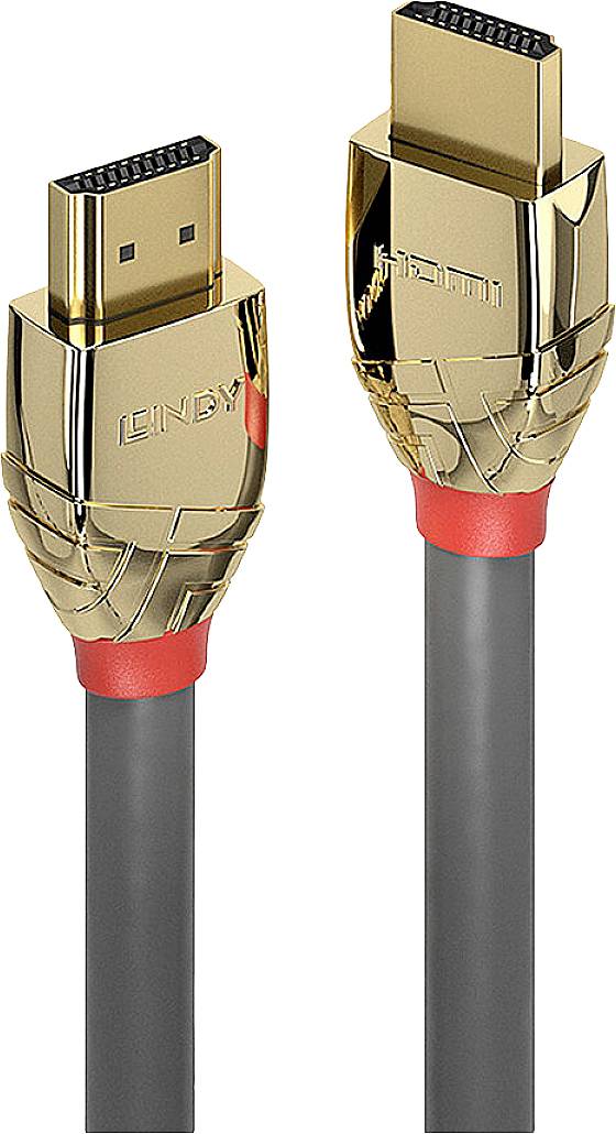 Deux fiches HDMI dorées avec des bagues rouges aux extrémités d'un câble gris.