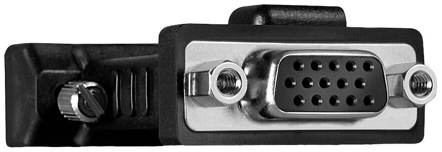 Connecteur VGA à 15 broches pour transmission vidéo analogique, entouré d'un boîtier en plastique noir.