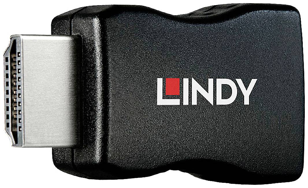 Adaptateur noir et rouge portant l'inscription 'Lindy', fiche HDMI à gauche.