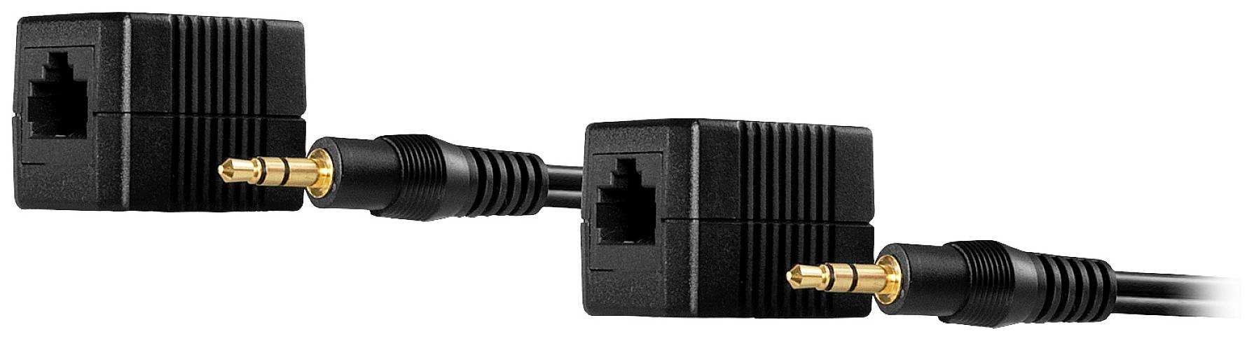 Deux câbles audio noirs connectés avec deux fiches de 3,5 mm. L'un se termine dans un boîtier de prise à boîtier carré.
