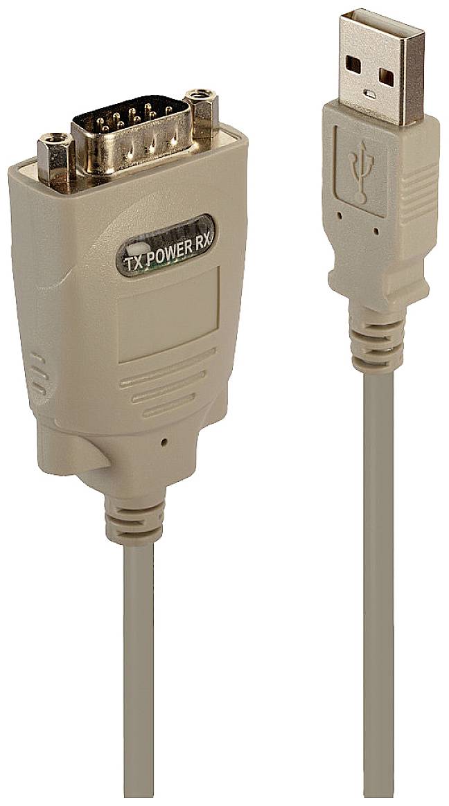 Câble adaptateur USB vers RS232, connecteur gauche avec port à 9 broches, connecteur droit USB-A. Utilisé pour la communication série.
