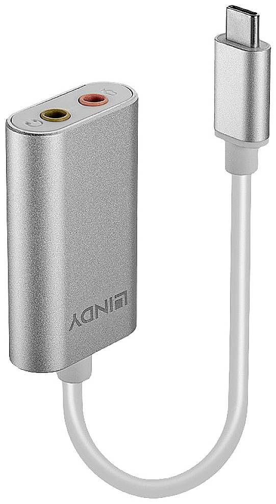 Un adaptateur USB-C argenté avec deux ports pour casque et microphone, adapté pour connecter des accessoires audio aux appareils USB-C.