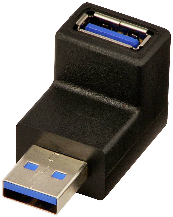 Adaptateur USB avec angle de 90 degrés, boîtier noir, connecteur USB 3.0 bleu en bas et port femelle en haut, permet une connexion économisant l'espace.