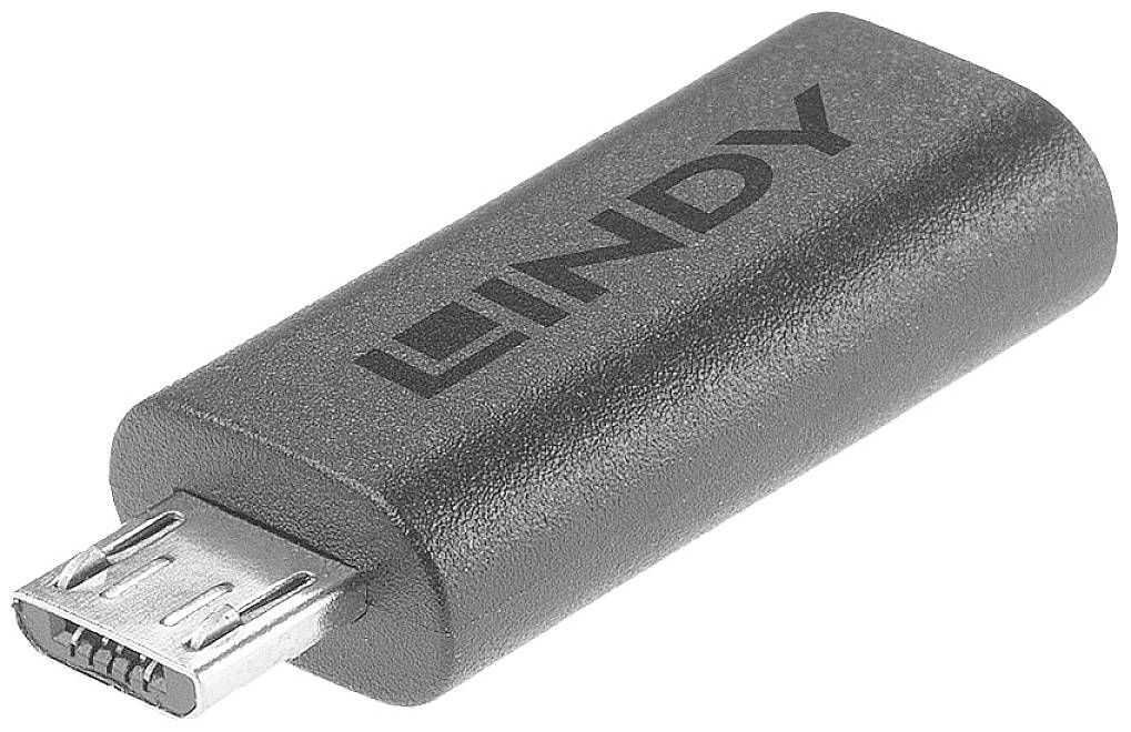 Un adaptateur noir de la marque 'Lindy' avec connecteur Micro-USB, adapté pour brancher des appareils dotés d'une prise correspondante.