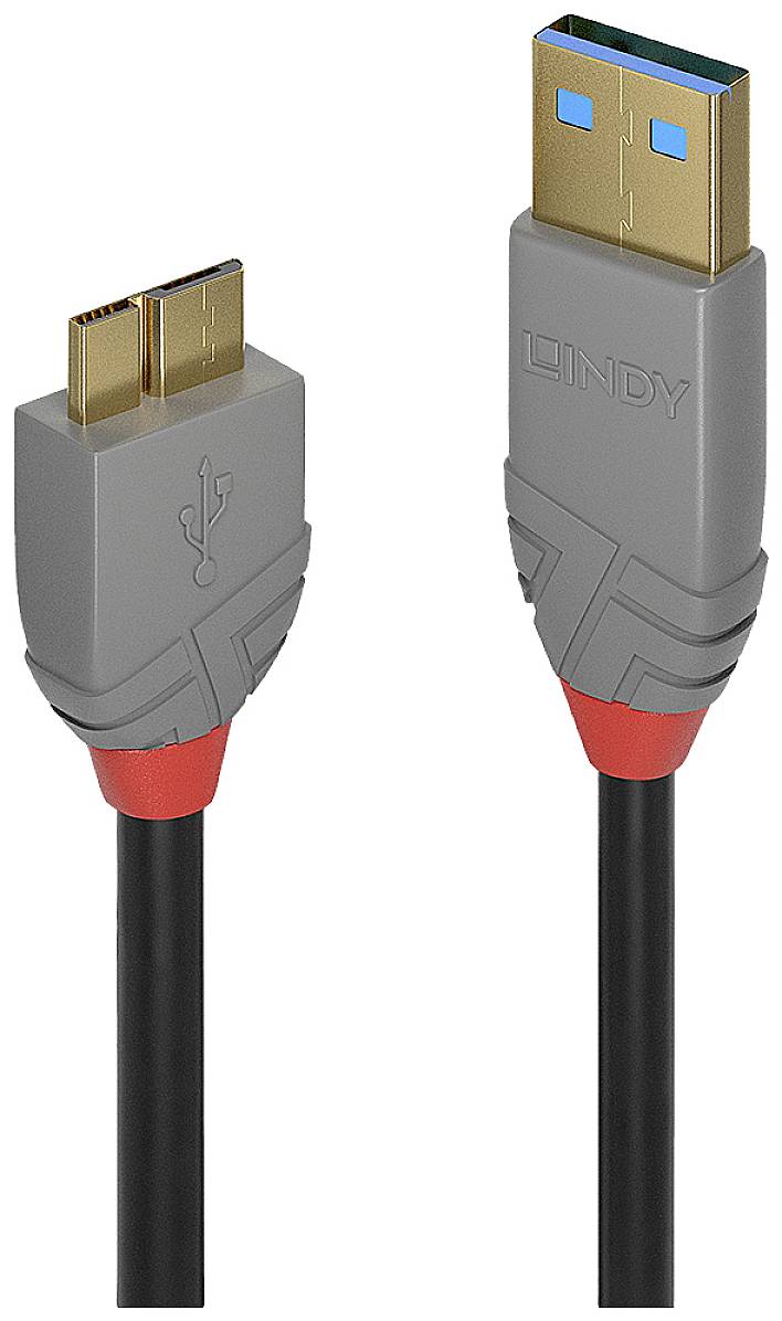 Câble USB avec deux connecteurs différents : à gauche, une petite fiche, à droite, une fiche USB plus grande. Les deux ont des gaines grises.
