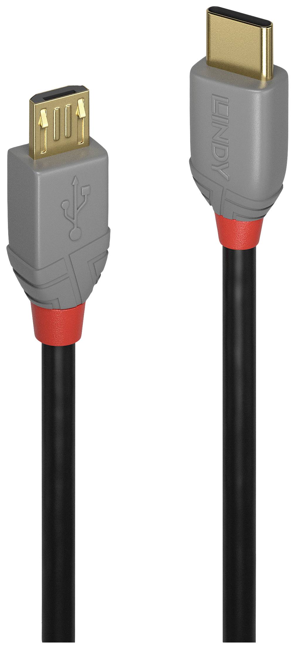 Un câble USB avec deux extrémités : à gauche une fiche Micro-USB et à droite une fiche USB-C. Les deux fiches sont grises avec des éléments rouges.