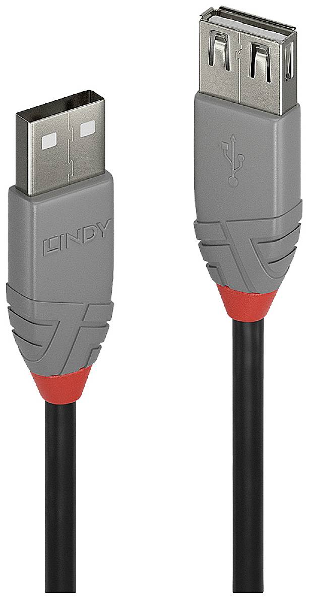 Câble d'extension USB avec fiches grises et accent rouge aux extrémités. Une fiche est mâle, l'autre femelle.