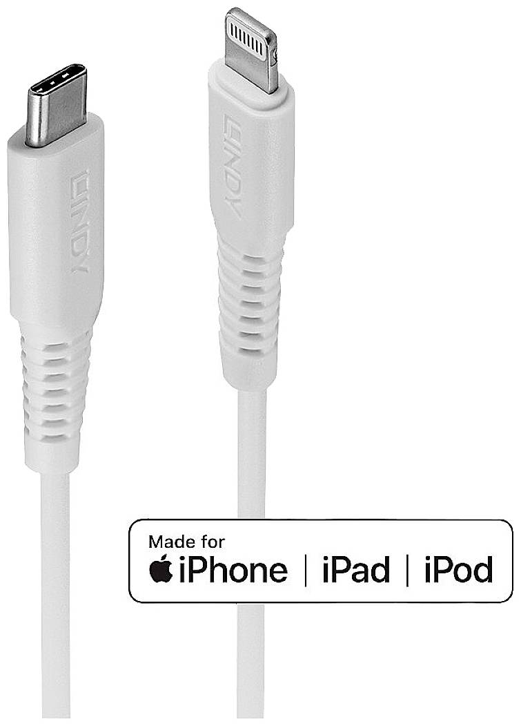 Un câble avec connecteurs USB-C et Lightning, compatible avec iPhone, iPad et iPod, de la marque Lindy.
