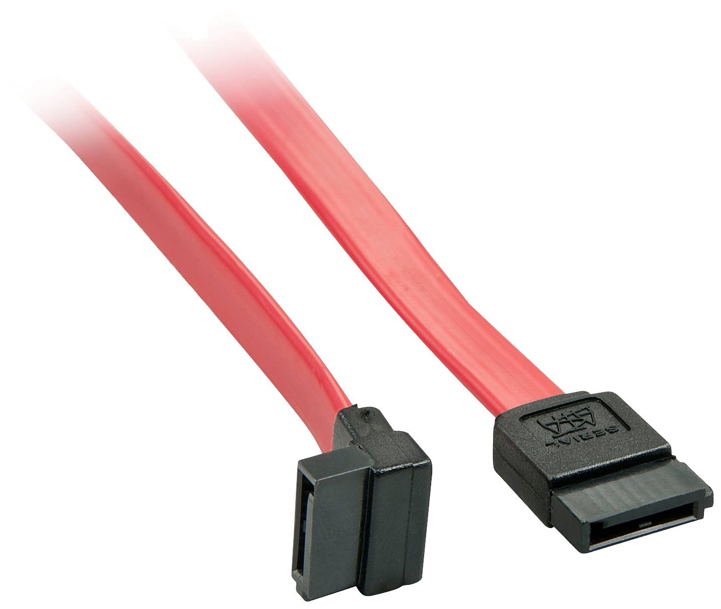 Deux câbles SATA rouges, l'un avec un connecteur coudé à 90 degrés et l'autre avec un connecteur droit, pour raccorder des disques durs.