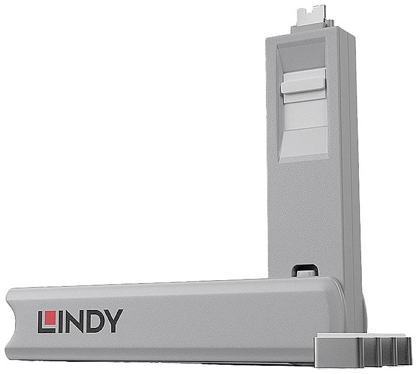 Levier de porte gris avec logo LINDY, relevé, montrant le mécanisme du levier.