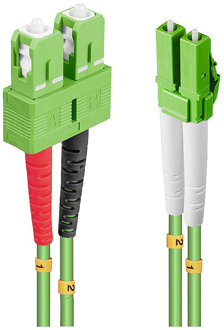 Connecteur fibre optique duplex vert avec marquage 'A' et 'B', avec des repères rouges et noirs sur le câble. Montre deux câbles en cours de connexion.