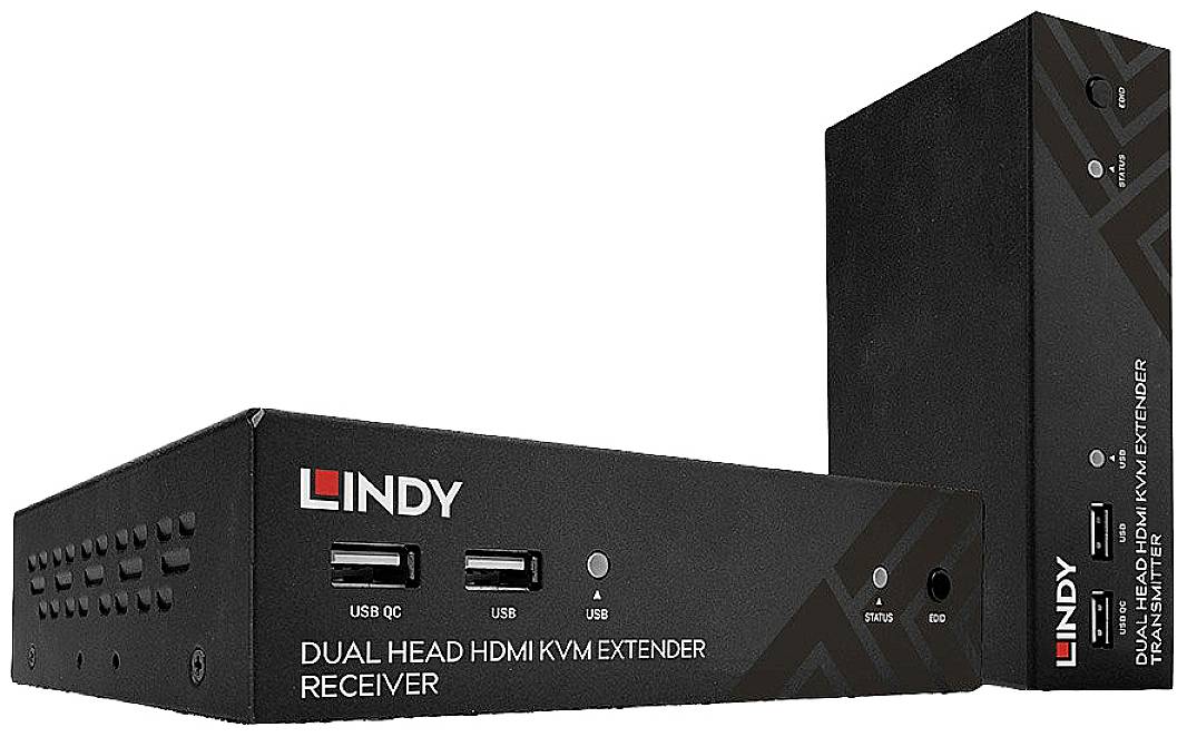 Deux appareils noirs LINDY pour l'extension HDMI, équipés de ports USB et munis de voyants de fonctionnement, disposés côte à côte.
