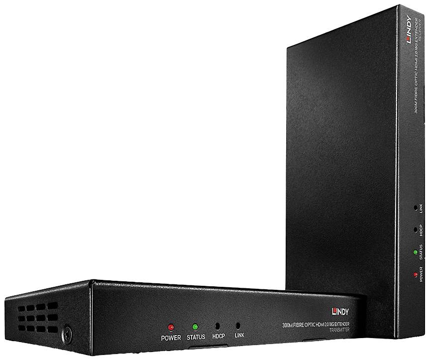 Deux convertisseurs de fibre optique noirs LINDY avec des voyants LED pour 'Power', 'Statut', 'HDCP' et 'Liaison'.