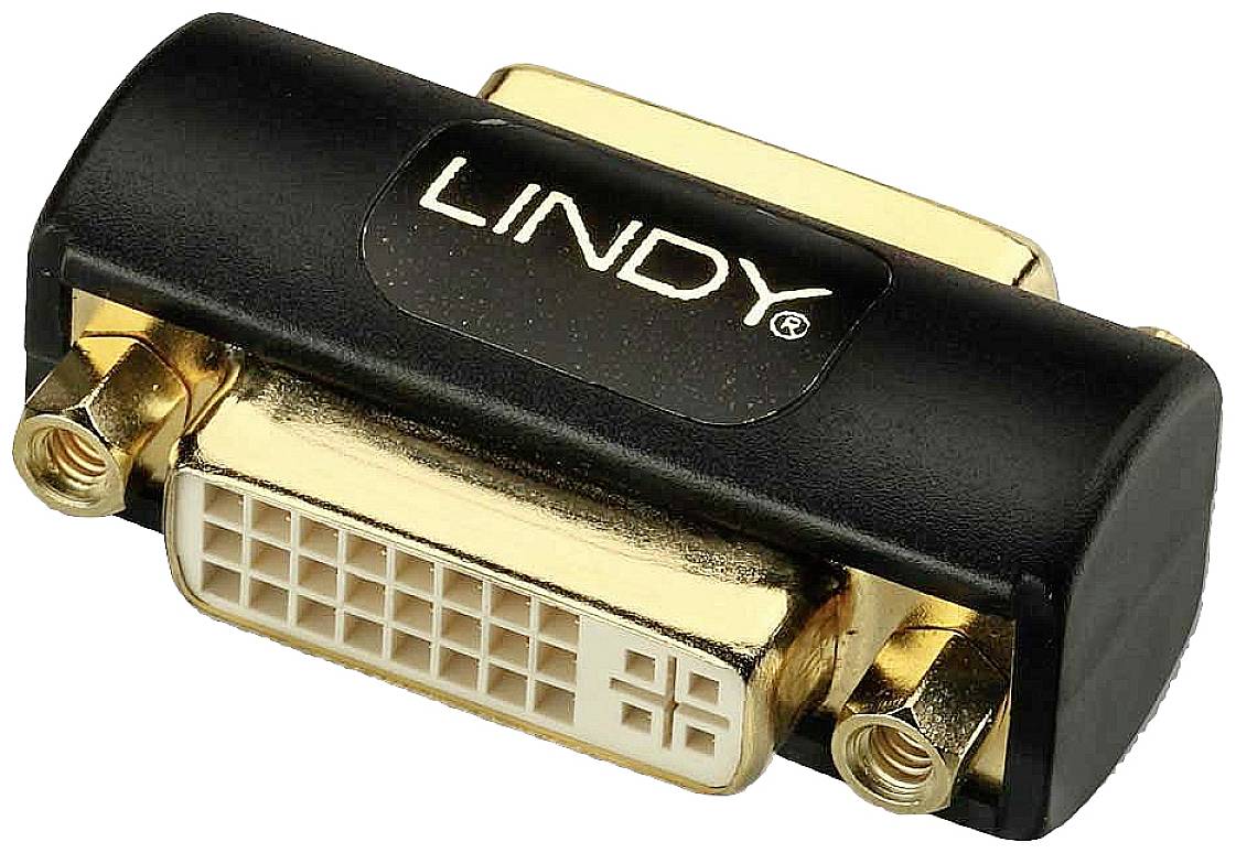 Un adaptateur DVI avec un boîtier noir et des connecteurs dorés. Marqué 'LINDY'. Utilisé pour connecter des appareils vidéo.