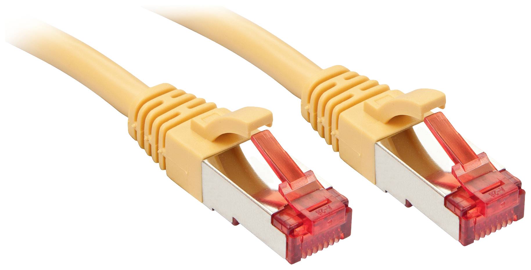 Un câble Ethernet jaune avec deux connecteurs rouges. Il est utilisé pour connecter des appareils entre eux dans un réseau.