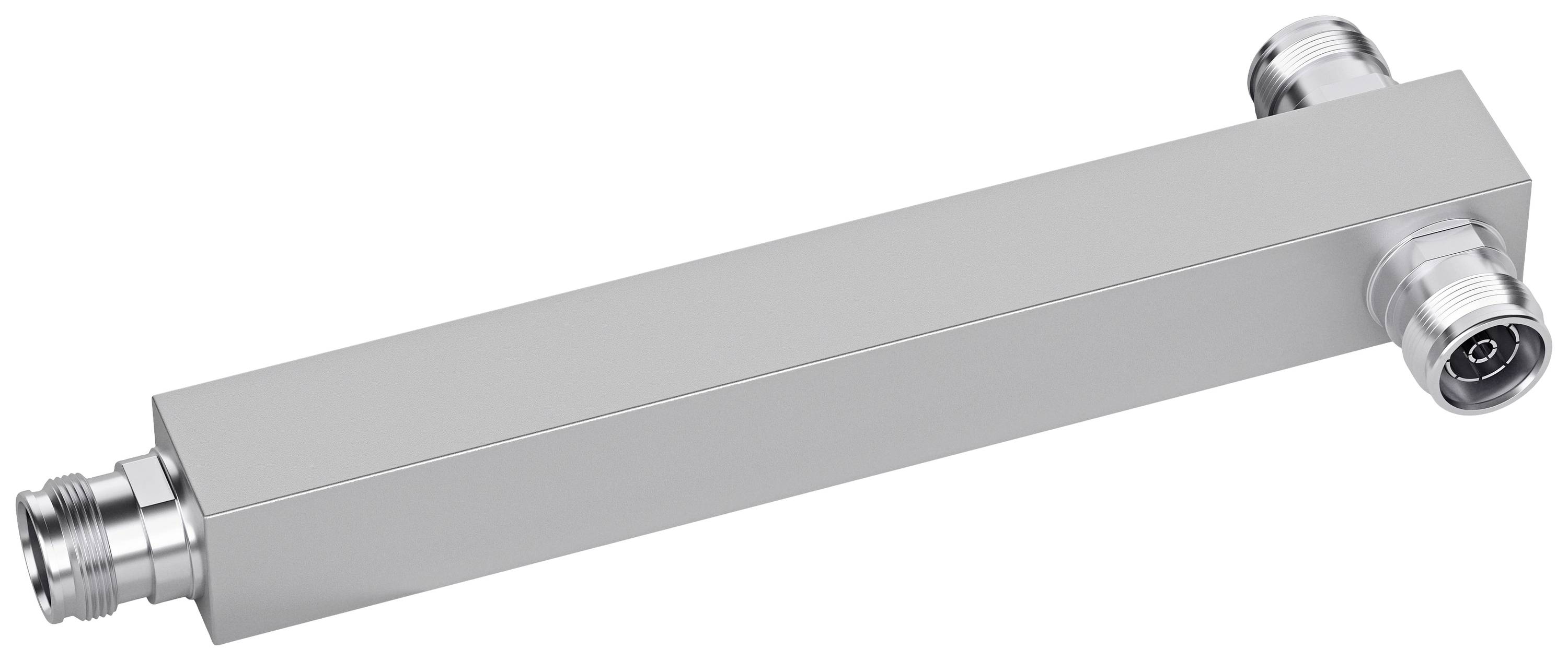 Un séparateur rectangulaire en métal gris avec quatre connexions fixées diagonalement aux coins opposés.