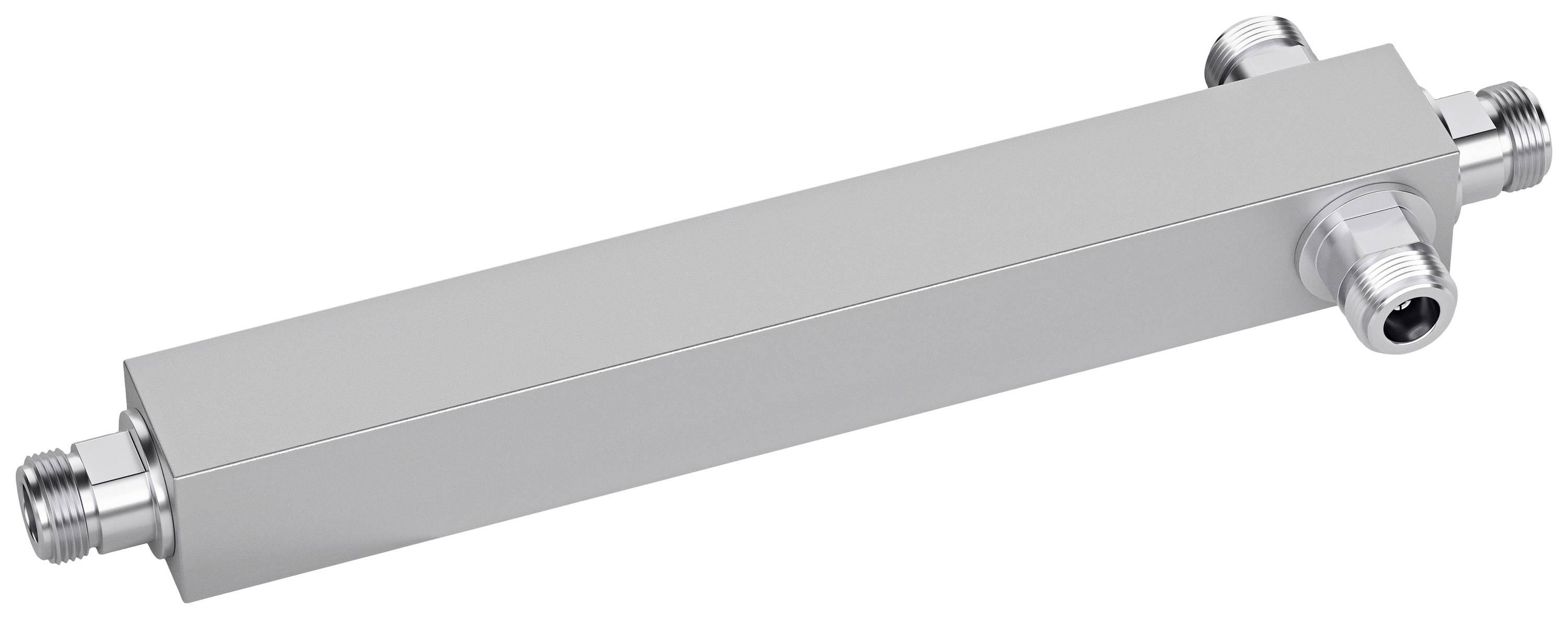 Pièce métallique rectangulaire avec quatre connexions, probablement un répartiteur ou un adaptateur, présentée dans un environnement neutre.