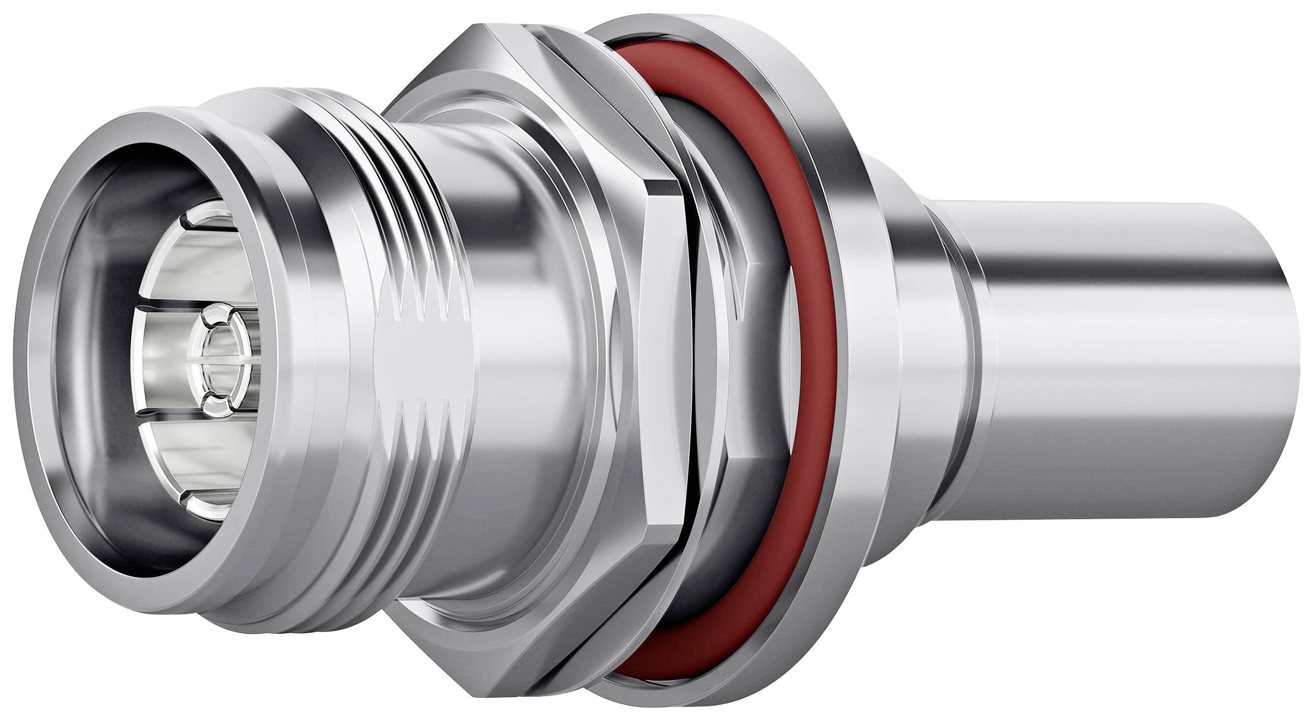 Connecteur métallique avec joint d'étanchéité rouge, adapté aux connexions précises dans les applications industrielles.