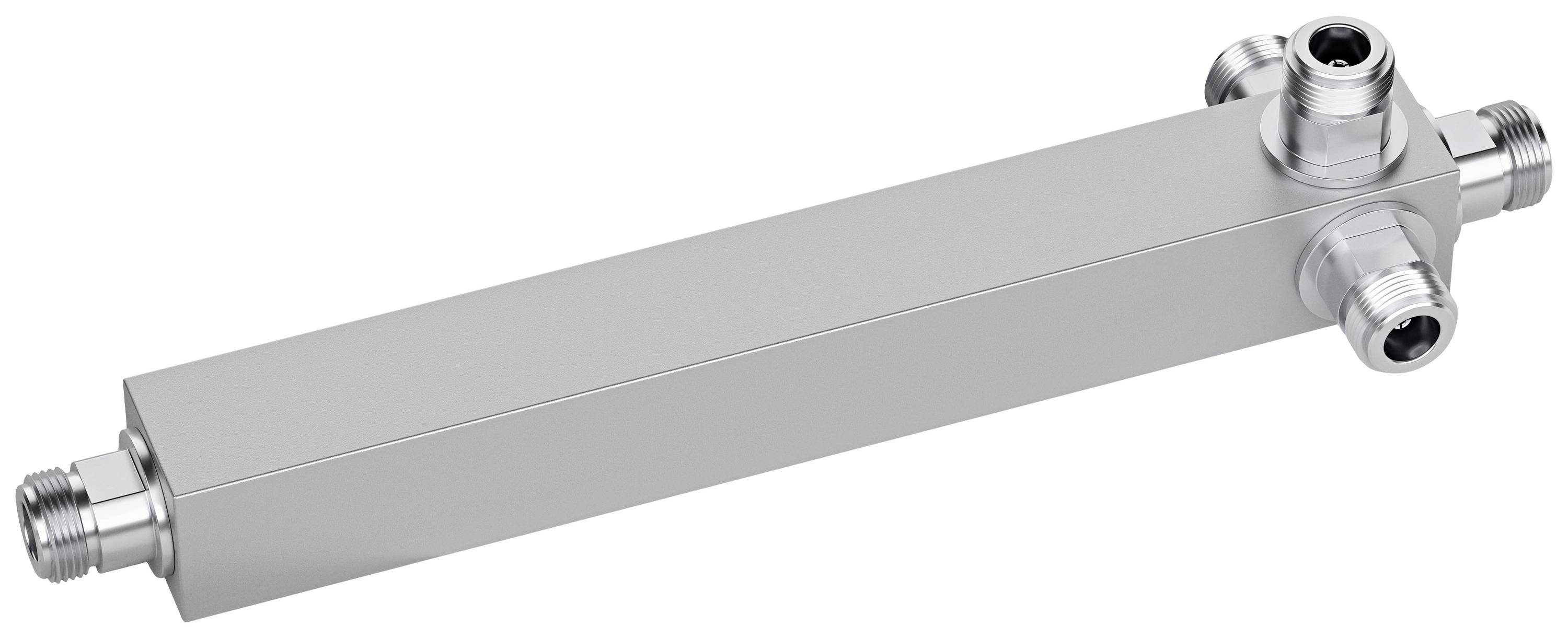 Un connecteur tubulaire rectangulaire en argent avec plusieurs raccordements à ses extrémités, probablement destiné à être utilisé dans des installations sanitaires ou de chauffage.