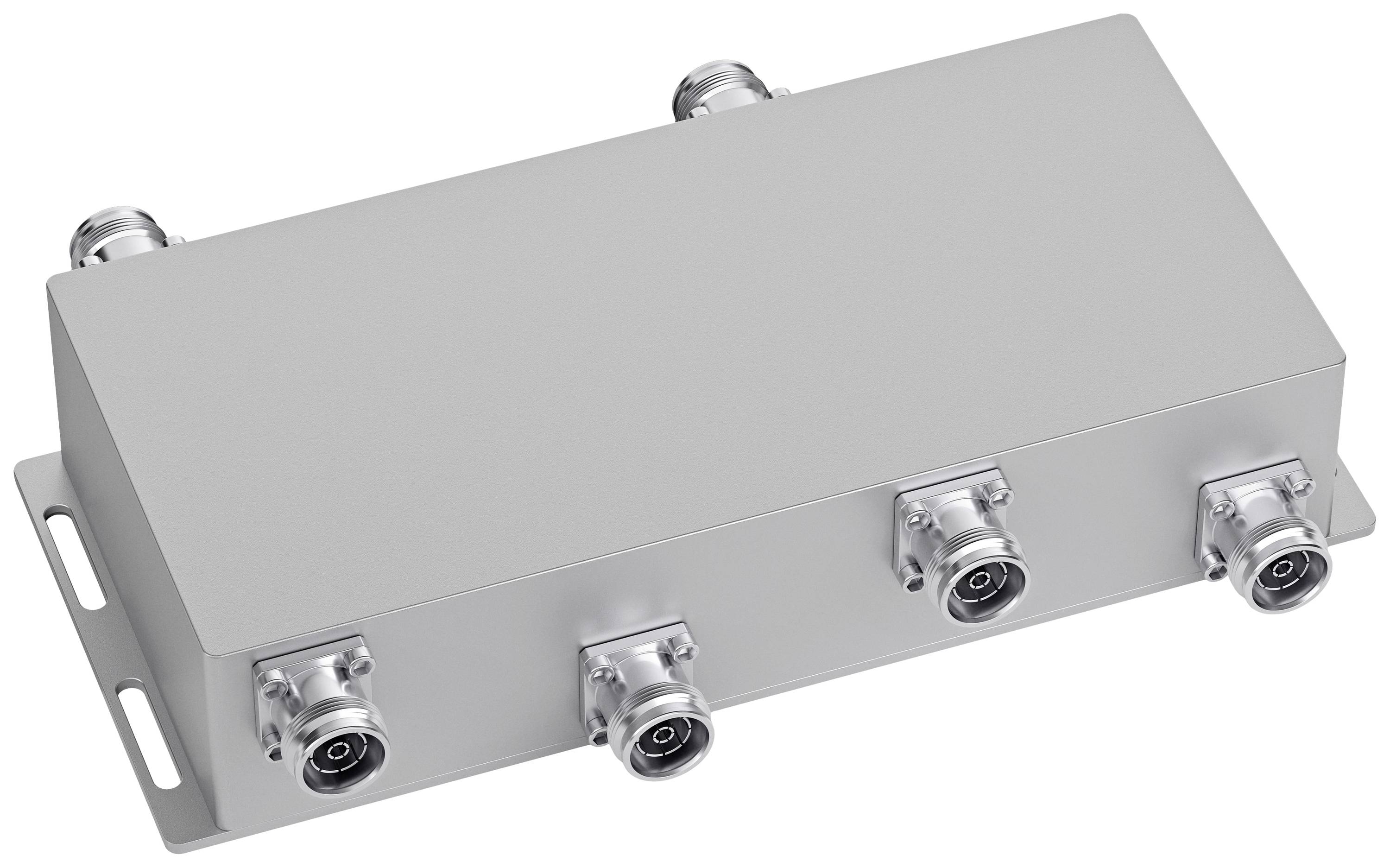 Boîtier électronique métallique équipé de quatre connecteurs ronds sur le côté.