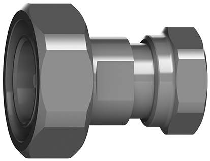 Une mère hexagonale grise en métal reliée à une pièce cylindrique en métal.