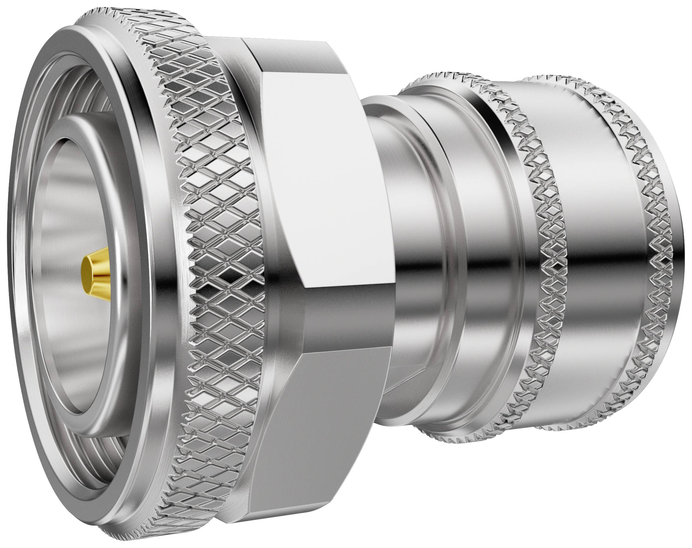 Raccord métallique à verrouillage rapide avec surface striée, présentant un design robuste et permettant une connexion et une déconnexion faciles des tuyaux.