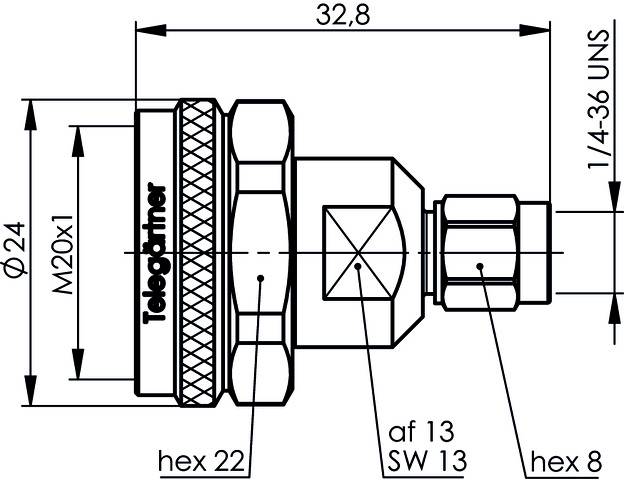Dessin technique d'un connecteur avec ses dimensions, incluant le diamètre et la longueur. Marquages pour le filetage et la taille de l'hexagone.