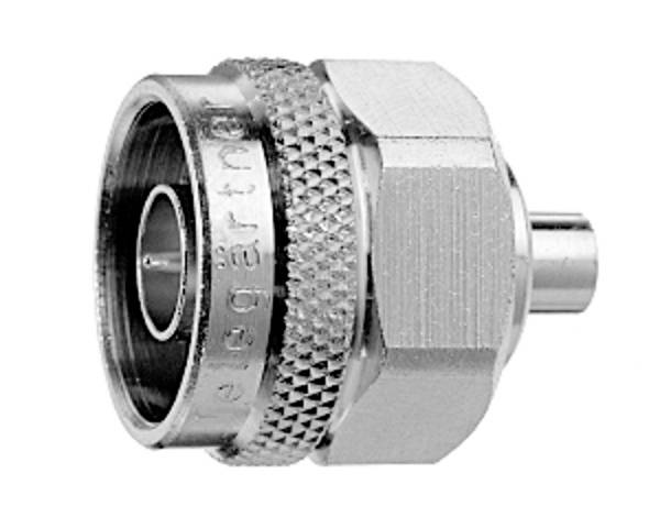 Connecteur coaxial métallique avec poignée cannelée, adapté aux connexions de câbles dans les domaines des télécommunications ou de l'électronique.