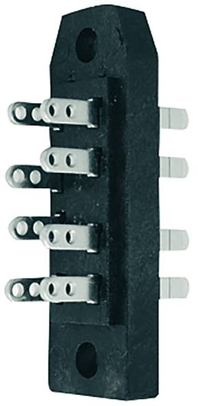 Un connecteur électrique noir avec plusieurs broches métalliques de chaque côté, aligné verticalement.