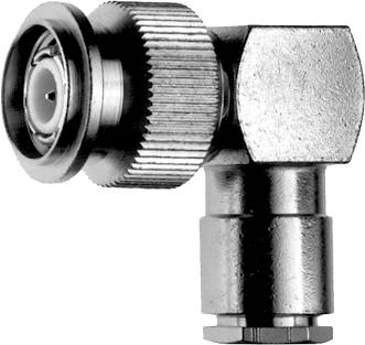 Connecteur métallique à vis moletée avec un trou central, utilisé pour les connexions de câbles, image en noir et blanc.